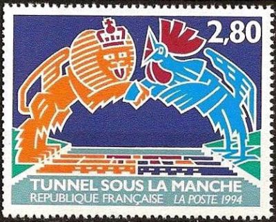  Inauguration du tunnel sous la Manche - Lion britanique et Coq gaulois 