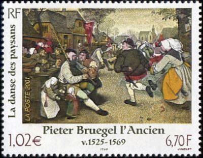 timbre N° 3369, « La danse des paysans » tableau de Pieter Bruegel l'Ancien (v 1525-1569) peintre de la Renaissance flamande