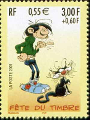 timbre N° 3371, Fête du timbre, Gaston Lagaffe personnage de bande dessinée créée André Franquin en 1957.