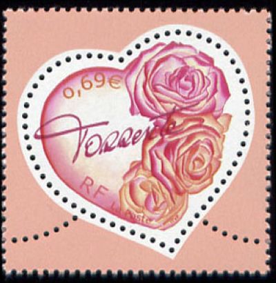 timbre N° 3539, Saint Valentin, Le coeur Torrente avec bouquet de roses