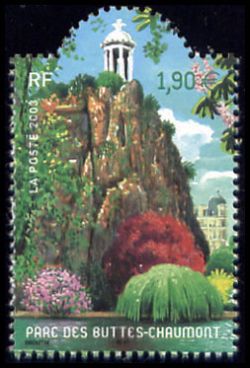 timbre N° 3606, Parc des Buttes-Chaumont (détail de la falaise avec le temple de la Sibylle)