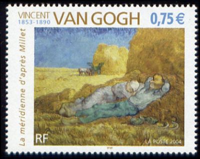  Vincent Van Gogh (1853-1890) « La méridienne » d'après Millet <br><h1>Vincent Willem van Gogh</h1> né le 30 mars 1853 à Groot-Zundert (Pays-Bas) et mort le 29 juillet 1890 à Auvers-sur-Oise (France), est un peintre et dessinateur néerlandais. Son oeuvre pleine de naturalisme, inspirée par l'impressionnisme et le pointillisme, annonce le fauvisme et l'expressionnisme.<br> Sa peinture reflète ses recherches et l'étendue de ses connaissances artistiques. Toutefois, sa vie est parsemée de crises qui révèlent son instabilité mentale. L'une d'elles provoque son suicide, à l'âge de 37 ans.<br>L'oeuvre de Van Gogh est composée de plus de deux mille toiles et dessins datant principalement des années 1880. Elle fait écho au milieu artistique européen de la fin du XIXe siècle. <br>Peu connu dans les années 1890, Van Gogh n'a été remarqué que par un petit nombre d'auteurs et de peintres en France, aux Pays-Bas, en Belgique et au Danemark. Cependant, dans les années 1930, ses oeuvres attirent cent vingt mille personnes à une exposition du Museum of Modern Art à New York. Il est aujourd'hui considéré comme l'un des plus grands artistes de tous les temps.<br>Source Wikipédia