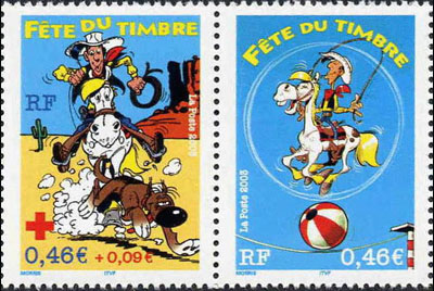 timbre N° P3547A, Fête du timbre, Lucky Luke et Rantanplan, bande dessinée créée par le dessinateur belge Morris