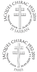 Oblitération 1er jour à  Paris au carré d'Encre et à Sarran (19) Musée du Président Jacques Chirac le 26 septembre 2020
