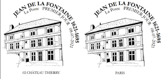 Oblitération 1er jour au carré d'Encre 3 bis rue des Mathurins, 75009 PARIS  et 14 rue Jean de la Fontaine, 02400 CHÂTEAU-THIERRY.du 8 au 10 juillet 2021