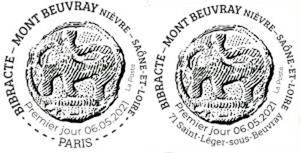 Oblitération 1er jour à  Paris au carré d'Encre 3 bis rue des Mathurins, 75009 PARIS le 6 et 7 mai et BIBRACTE (71) Musée de Bibracte, de 10H à 18H Mont Beuvray, Col du Rebout, 71190 SaintLéger-sous-Beuvray le 6 mai 2021