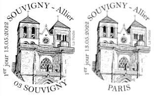 Oblitération 1er jour au carré d'Encre 3 bis rue des Mathurins, 75009 PARIS et Espace St-Marc, 1 cours Jean Jaurès, 03210 SOUVIGNY le 13 et 14 mai 2022