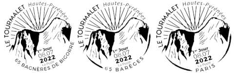 Oblitération 1er jour au carré d'Encre 3 bis rue des Mathurins, 75009 PARIS, 3 allée de Tournefort, 65200 Bagnères-de Bigorre et 4 Place Urbain Cazaux, 65120 Barèges le 8 et 9 juillet 2022