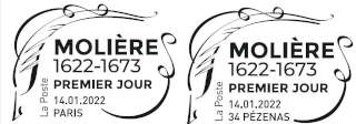 Oblitération 1er jour au carré d'Encre 3 bis rue des Mathurins et place des États du Languedoc, 34120 PÉZENAS. Le 14 et 15 janvier 2022