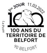 Oblitération 1er jour au carré d'Encre 3 bis rue des Mathurins, 75009 PARIS et à l’hôtel du Département, salle du Conseil, 6 place de la Révolution française, 90000 BELFORT le 21 et 22 janvier 2022