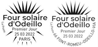 Oblitération 1er jour au carré d'Encre 3 bis rue des Mathurins, 75009 PARIS et 7 rue du Four Solaire, 66120 FONT-ROMEU-ODEILLO-VIA le 25 et 26 mars 2022