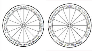 Oblitération 1er jour du 21 au 23 juillet 2023<br>- Au carré d'Encre 3 bis rue des Mathurins PARIS <br>-  Stand La Poste, centre des sports Bernard Guy, de 9h à 20h, Avenue Georges Guynemer, village de la Semaine fédérale internationale de cyclotourisme, centre des sports Bernard Guy, Avenue Georges Guynemer, 54700 PONT-À-MOUSSON.