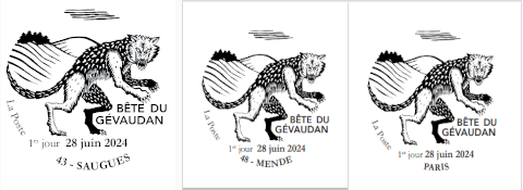 Oblitération 1er jour le 28 et 29 juin 2024<br>- Au carré d'Encre de 10h à 19h, 13 bis rue des Mathurins, 75009 PARIS<br>- Musée du Gévaudan, de 14h à 18 h, 3 rue de l’Epine, 48000 MENDE.<br>- Office du Tourisme, de 10h à 12h30 et de 14h à 18h, rue des Fossés, 43170 SAUGUES