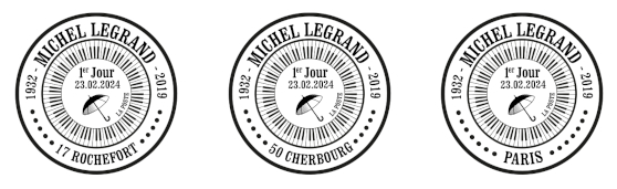 Oblitération 1er jour le 23 et 24 février 2024<br>- Au carré d'Encre 3 bis rue des Mathurins PARIS<br>-  en hommage au film « Les parapluies de Cherbourg ». Bureau de poste de poste de Cherbourg, place Divette, 50100 CHERBOURG.<br>- en hommage au film « Les demoiselles de Rochefort ».Clos Saint Maurice de 10h à 18h, 2 rue Jean Jaurès, 17300 ROCHEFORT