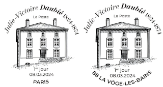 Oblitération 1er jour le 9 et 10 mars 2024<br>- Au carré d'Encre 3 bis rue des Mathurins PARIS<br>- et Maison des Illustres Julie-Victoire Daubié - La Manufacture Royale de Bains, de 9h à 17h, La Manufacture, 88240 LA VÔGE-LES-BAINS