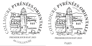 Oblitération 1er jour le 25 et 26 juillet 2025<br>- Au carré d'Encre de 10h à 19h, 13 bis rue des Mathurins, 75009 PARIS (Fermé le lundi, Oblitération jusqu’à 17h). <br> - Le jeudi 3 juillet de 9h à 17h au Monument Historique Ancien Cloître des Dominicains de Collioure, 5 Route de Port-Vendres 66190 COLLIOURE Le vendredi 4 juillet de 14h à 17h et le samedi 5 juillet de 9h à 12h au bureau de Poste de Collioure,1 rue de la République 66190 COLLIOURE