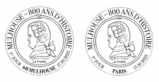 Oblitération 1er jour le 17 et 18 octobre 2025<br>- Au carré d'Encre de 10h à 19h, 13 bis rue des Mathurins, 75009 PARIS (Fermé le lundi, Oblitération jusqu’à 17h). <br> - Parc des Expositions, Hall d’Accueil, les 17 et 18 octobre de 14h à 17h et le 19 octobre, lors du Salon des Collectionneurs de 9h à 17h, 68100 MULHOUSE.