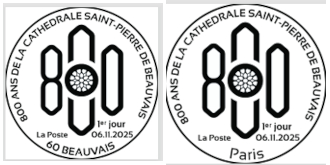 Oblitération 1er jour du 6 au 8 novembre 2025<br>-Salon Philatélique d’Automne, de 9h30 à 17h30 (sauf le samedi jusqu’à 17h). Espace Champerret Hall A - 6, rue Jean Ostreicher, 75017 PARIS. Métro Porte de Champerret Ligne 3 - ENTRÉE GRATUITE. <br> - Bureau de poste Gambetta, de 9h à 12h et de 14h à 17h, 1 rue Gambetta, 60000 BEAUVAIS (uniquement le jeudi).