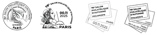 Oblitération 1er jour du 6 au 8 novembre 2025<br>-Salon Philatélique d’Automne, de 9h30 à 17h30 (sauf le samedi jusqu’à 17h). Espace Champerret Hall A - 6, rue Jean Ostreicher, 75017 PARIS. Métro Porte de Champerret Ligne 3 - ENTRÉE GRATUITE.