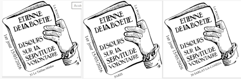 Oblitération 1er jour le 15 et 16 mai 2026<br>- Au Carré d’Encre, de 10h à 19h, 13 bis rue des Mathurins, 75009 PARIS (Oblitération jusqu’à 17h, fermé le lundi).<br>- Au bureau de poste, le vendredi 15 mai 2026 de 9h à 12h30 et de 14h à 17h, 8 Place du 14 Juillet 24200 SARLAT-LA-CANEDA. <br>-<font color='#CC6600'>- Pierre Bara animera une séance de dédicaces de 9h à 12h30 et de 14h à 17h à SARLAT-LA-CANEDA <br></font>- Au bureau de poste, le vendredi 15 mai 2026 de 9h à 12h et de 14h à 17h30, 8 Place Charles de Gaulle 33320 LE TAILLAN-MEDOC.
