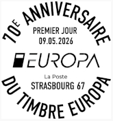 Oblitération 1er jour le 9 mai 2026<br>- Au Carré d’Encre, de 10h à 19h, 13 bis rue des Mathurins, 75009 PARIS (Oblitération jusqu’à 17h, fermé le lundi).<br>- Au bureau de poste de Strasbourg Fonderie de 9h à 12h, 1 rue de la Fonderie 67000 STRASBOURG