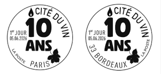 Oblitération 1er jour le 5 et 6 juin 2026<br>- Au Carré d’Encre, de 10h à 19h, 13 bis rue des Mathurins, 75009 PARIS (Oblitération jusqu’à 17h, fermé le lundi).<br>- à La Cité du Vin, le vendredi 5 juin de 10h à 18h, 134 quai de Bataclan, 33300 Bordeaux.<font color='#CC6600'>- Anne-Sophie HELLARD animera une séance de dédicaces le vendredi 5 juin de 11h à 13h et de 14h30 à 16h30. </font>