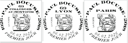 Oblitération 1er jour le 6 et 7 février 2026<br>- Au Carré d’Encre, de 10h à 19h, 13 bis rue des Mathurins, 75009 PARIS (Oblitération jusqu’à 17h, fermé le lundi).<br> - Abbaye de Collonges, le vendredi de 10h à 17h, 10 Quai de la Jonchère, 69660 Collonges-au-Mont-d'Or . <br> - Bureau de poste, le samedi 7 février de 9h à 12h, 28 rue Jean Moulin, 69300 Caluire et Cuire. <br> - Bureau de poste Lyon Bellecour, de 9h à 12h, 10 Place Antonin Poncet 69002 Lyon.