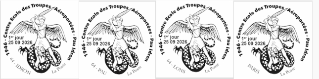 Oblitération 1er jour le 25 et 26 septembre 2026<br>- Au Carré d’Encre, de 10h à 19h, 13 bis rue des Mathurins, 75009 PARIS (Oblitération jusqu’à 17h, fermé le lundi).<br>- Au bureau de poste Pau Bosquet, vendredi de 9h à 18h et samedi de 9h à 12h, 14 rue Gambetta 64000 PAU.<br>- Au Musée mémorial des parachutistes, de 10h à 12h et de 14h à 17h, Chemin d'Astra 64140 LONS.<br>- <font color='#CC6600'>• Christophe Laborde-Balen animera une séance de dédicaces vendredi 25 septembre de 10h30 à 12h00.</font><br> • À la Mairie d’Idron (salle du conseil), de 9h à 12h, 4 av des Pyrénées 64320 IDRON.