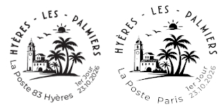 Oblitération 1er jour le 23 et 24 octobre 2026<br>- Au Carré d’Encre, de 10h à 19h, 13 bis rue des Mathurins, 75009 PARIS (Oblitération jusqu’à 17h, fermé le lundi).<br>- <font color='#CC6600'>-Nicolas Bical animera une séance de dédicaces le vendredi 23 octobre de 10h30 à 12h30. </font><br>- Forum du Casino, le vendredi de 9h00 à 12h00 et de 13h30 à 17h00, le samedi de 9h00 à 12h00 et de 13h00 à 17h00, avenue Ambroise Thomas 83400 Hyères.