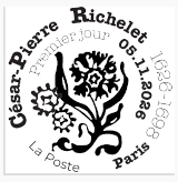 Oblitération 1er jour du 5 au 7 novembre 2026<br>- Au 79e Salon Philatélique d’Automne, de 10h00 à 17h30 (sauf samedi jusqu’à 16h) Espace Champerret Hall A - 6, rue Jean Ostreicher, 75017 PARIS. Métro Porte de Champerret Ligne 3 - ENTRÉE GRATUITE <br>- <font color='#CC6600'>Louis Genty animera des séances de dédicaces les jeudi 5 et vendredi 6 novembre de 14h à 17h sur le stand de l’Art du Timbre Gravé (ATG). </font><br>- Lieu de naissance de César-Pierre Richelet. À la Mairie de Cheminon, de 10h00 à 12h00, Place de la Mairie 51250 Cheminon.