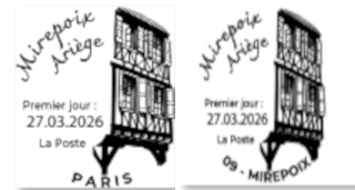 Oblitération 1er jour les 27 et 28 mars 2026<br>- Au Carré d’Encre, de 10h à 19h, 13 bis rue des Mathurins, 75009 PARIS (Oblitération jusqu’à 17h, fermé le lundi).<br> -Bureau de poste, vendredi 27 mars de 9h à 12h et de 13h30 à 16h, 22 cours Louis Pons-Tande, 09500 MIREPOIX.