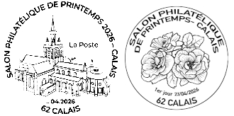 Oblitération 1er jour du 23 au 25 avril 2026<br>- Au Carré d’Encre, de 10h à 19h, 13 bis rue des Mathurins, 75009 PARIS (Oblitération jusqu’à 17h, fermé le lundi).<br> - Au Forum Gambetta jeudi 23 et vendredi 24 avril de 9h30 à 17h30, samedi 25 avril de 9h30 à 17h, 23 boulevard Gambetta 62100 CALAIS.