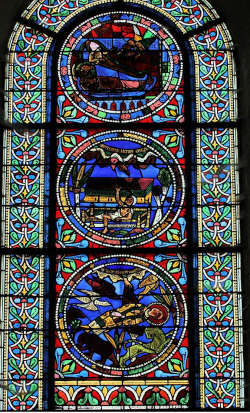 Vitrail roman de la cathédrale du Mans - La légende de Saint-Etienne (XIIe siècle)